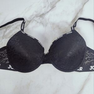 Joe Boxer Black Leopard Lace Multiway Logo Strap Push Up Bra, Sz 38DD